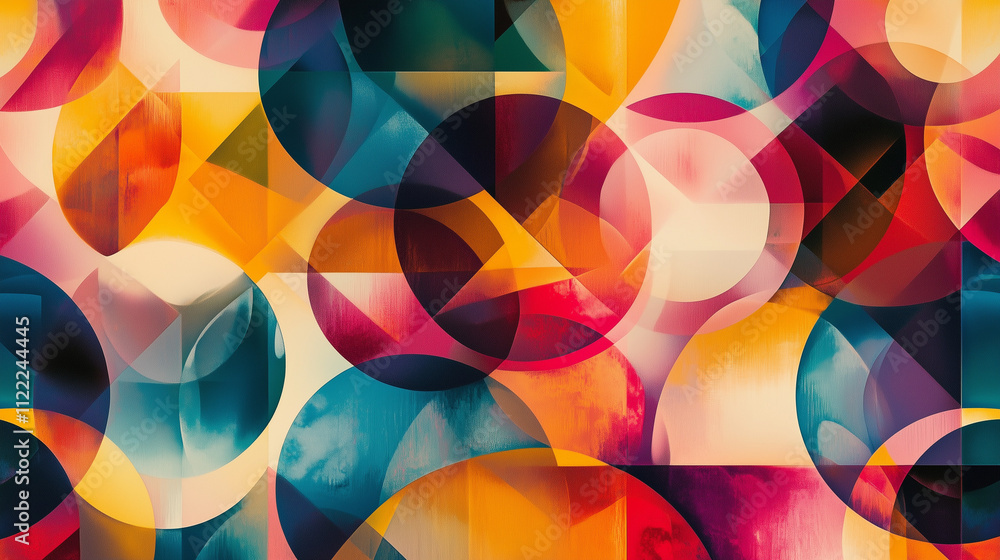 Poster vibrant abstract artwork featuring overlapping circles and triangles. warm and cool colors blend sea