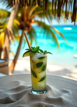 Drink - Exotic beach-themed background with a mojito cocktail with a bamboo straw, mint leaves, and a lime wedge