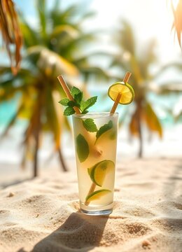 Drinks - An exotic beach-themed background with a mojito cocktail on a sandy table background