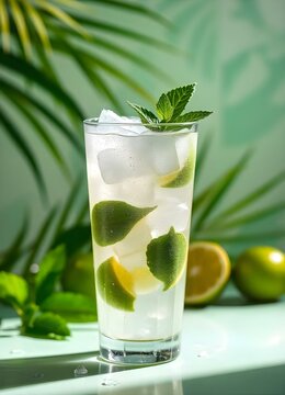 Drinks - Fresh Mojito Fresh mint leaves, lime wedges, and crushed ice are visible, with droplets of condensation on the glass