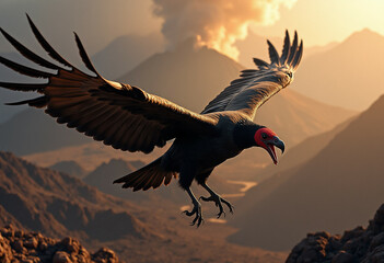 A majestic black vulture with vibrant red head soars over a volcanic mountain range at sunset.