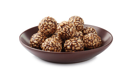 Delicious chocolate puffed rice balls in bowl isolated on white