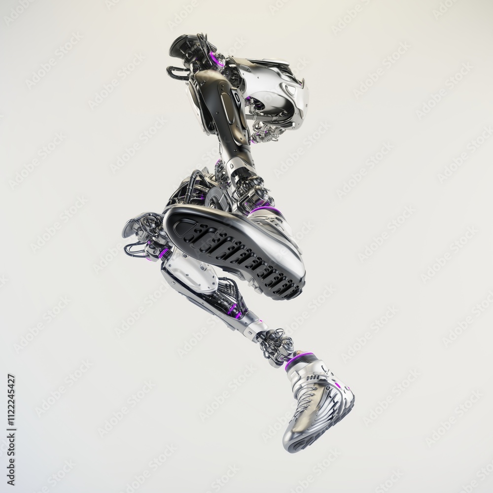 Poster metallic humanoid robot in dynamic motion with futuristic design, showcasing advanced technology and