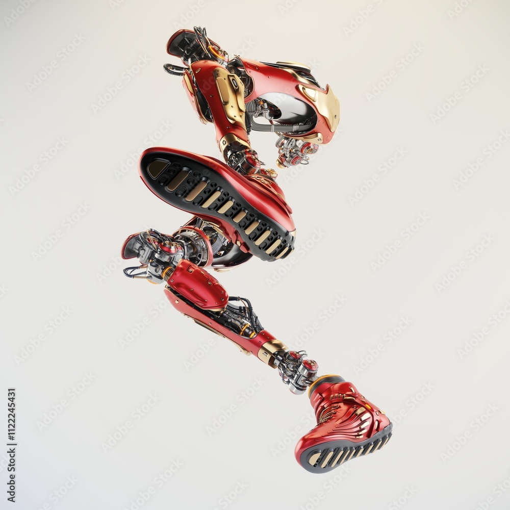 Poster futuristic humanoid robot mid-jump with sleek metallic red and gold exoskeleton design against a cle