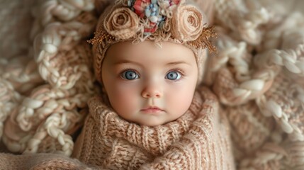 Fototapeta premium Adorable baby girl with big blue eyes, wearing a knitted hat and wrap.