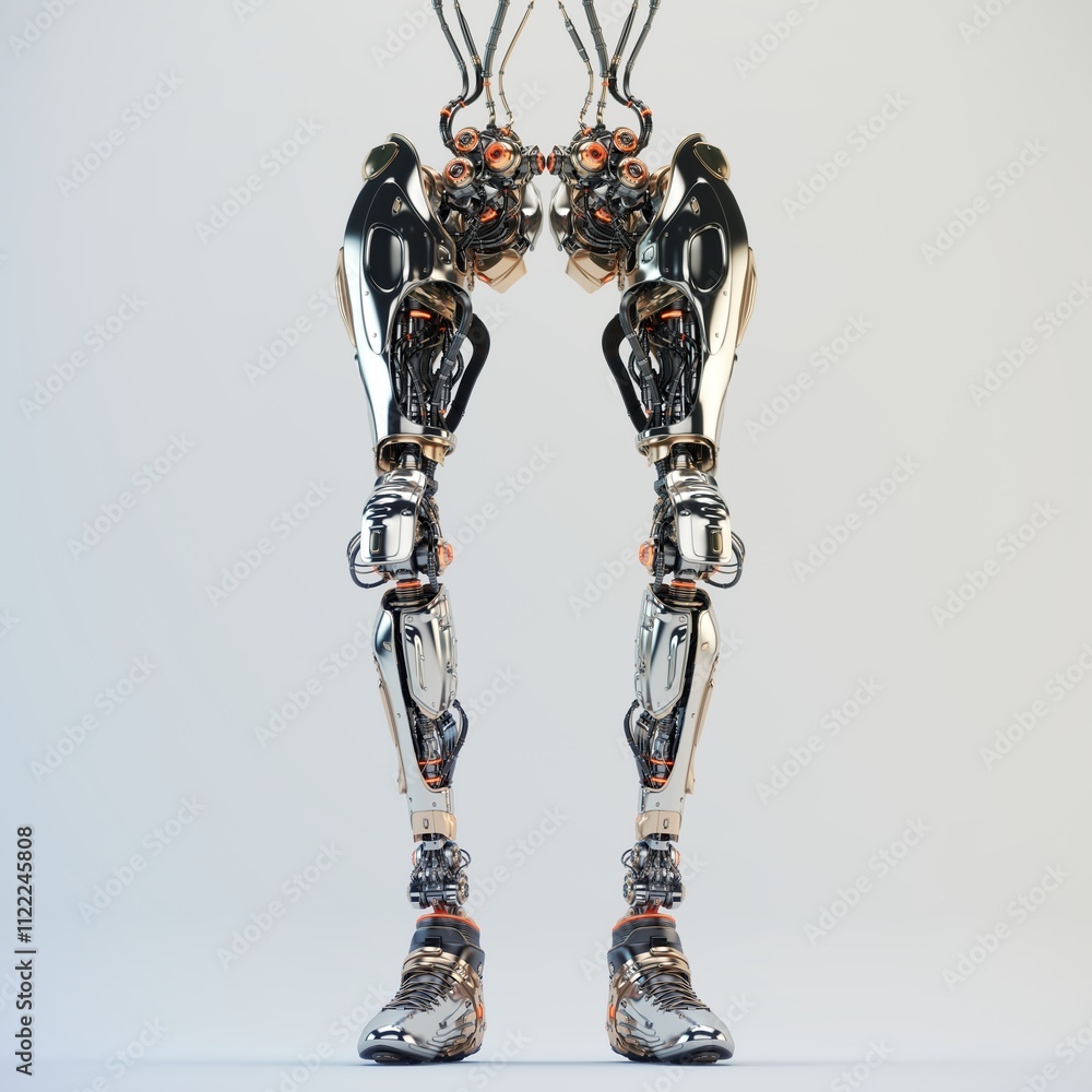 Poster futuristic humanoid robotic legs with metallic and chrome elements showcasing advanced mechanical de
