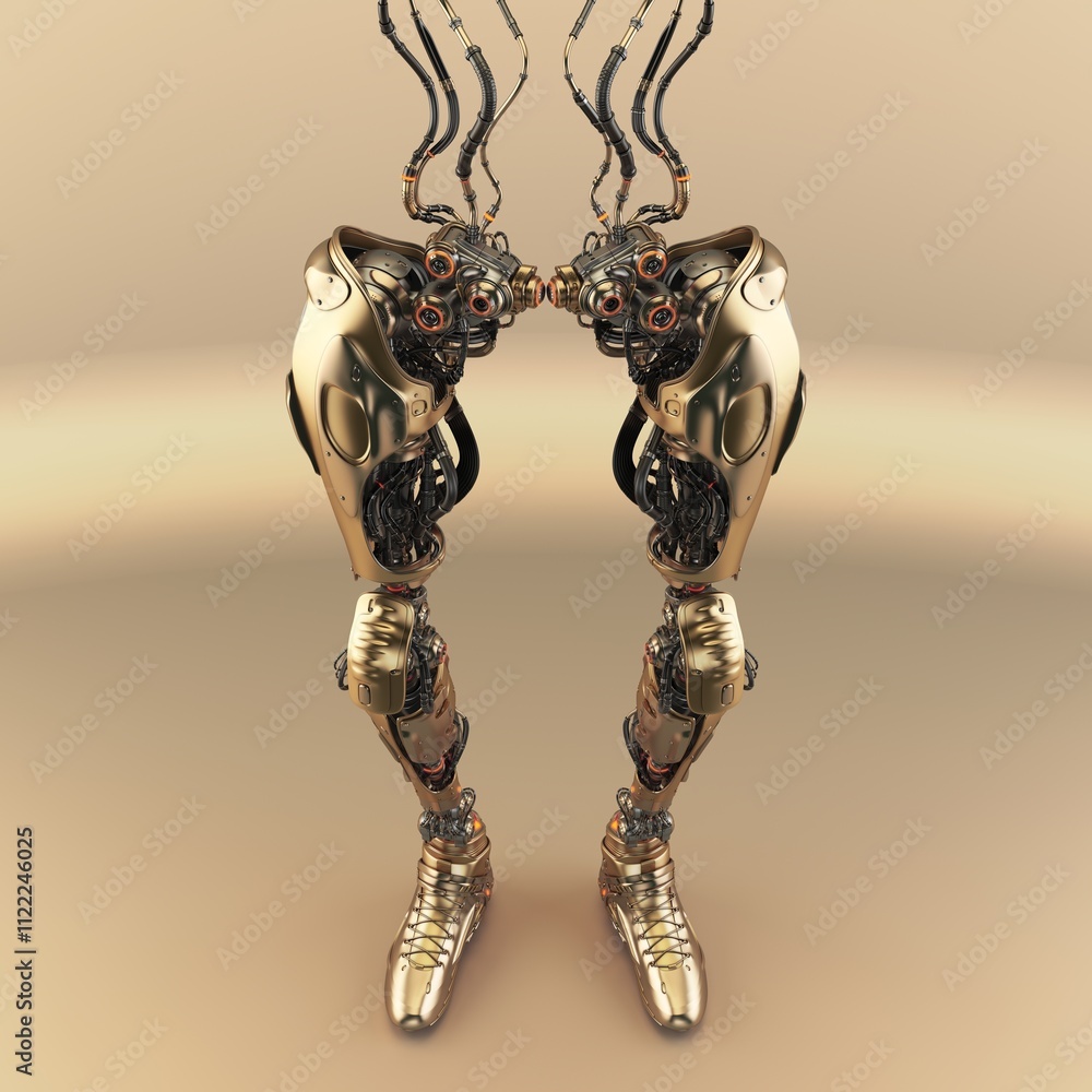 Poster futuristic robotic legs with intricate mechanics and metallic texture set against a smooth beige bac