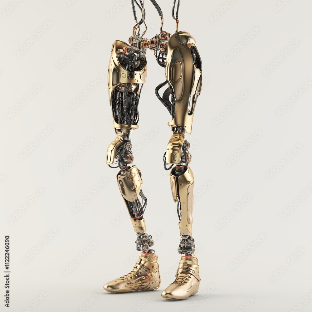 Poster futuristic robotic legs with intricate mechanical details and gold plating on a plain background dep