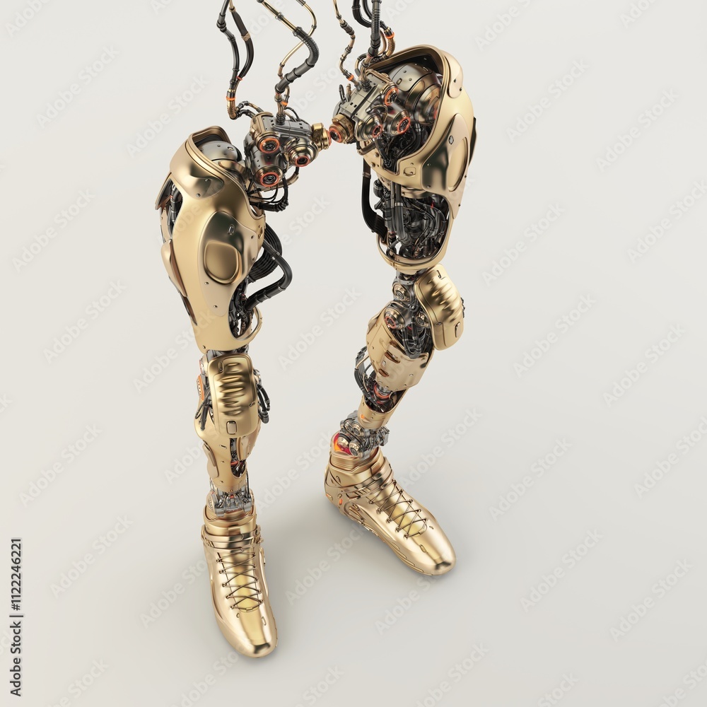 Poster futuristic golden robotic legs with intricate mechanical components and wires on a sleek neutral bac