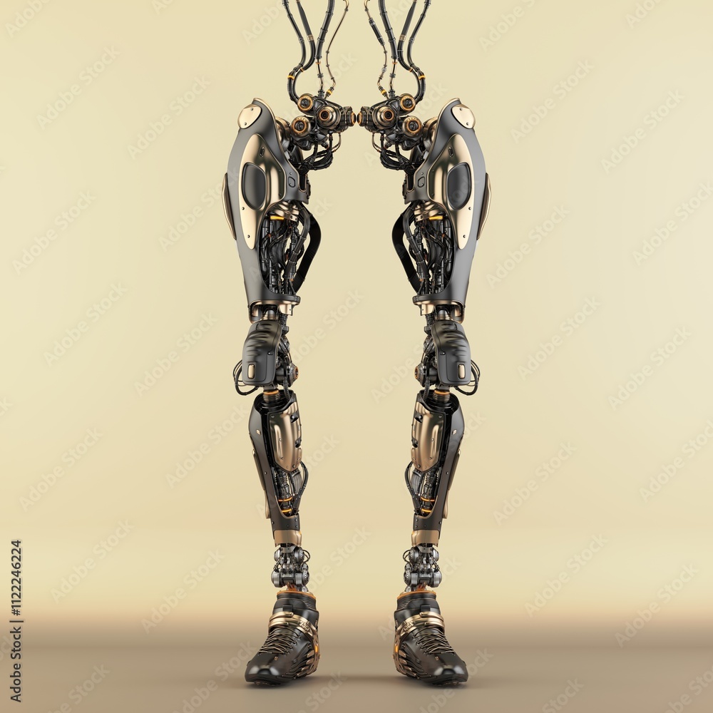 Poster futuristic robotic legs with intricate mechanical design and metallic finish showcasing advanced tec