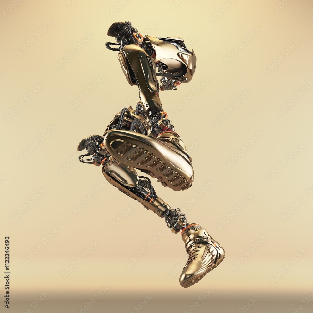 Poster futuristic metallic humanoid robot with intricate mechanical details leaps in dynamic motion against