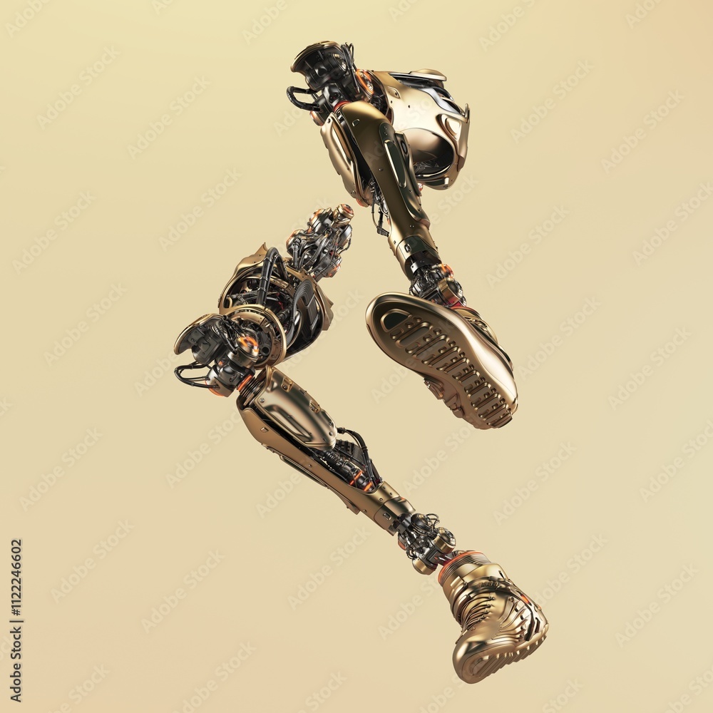 Poster futuristic robotic legs with intricate mechanical design and golden finish in dynamic jumping pose o