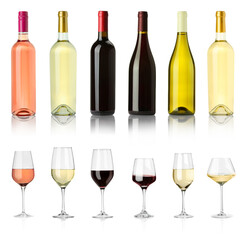 Bottles and glasses with different wines isolated on white, set