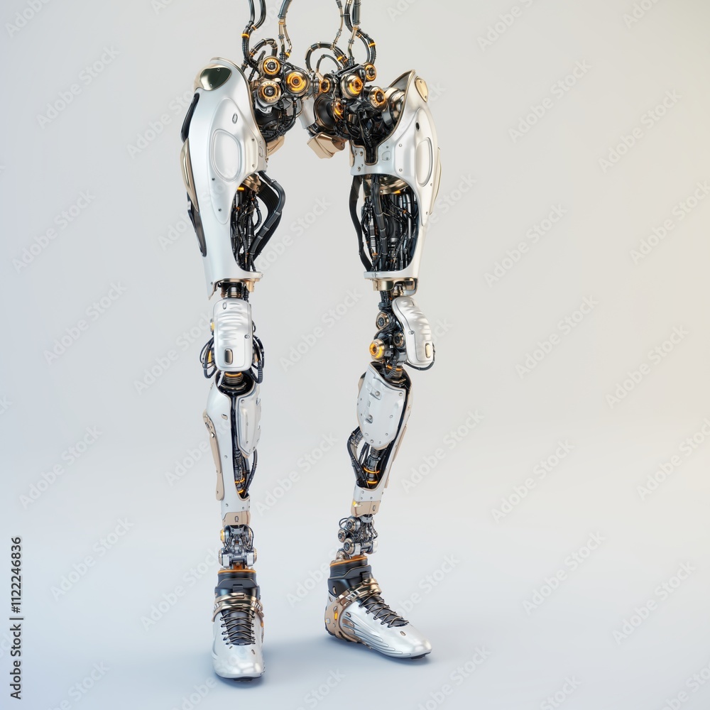 Poster futuristic robotic legs with intricate mechanical details and advanced components on neutral backgro