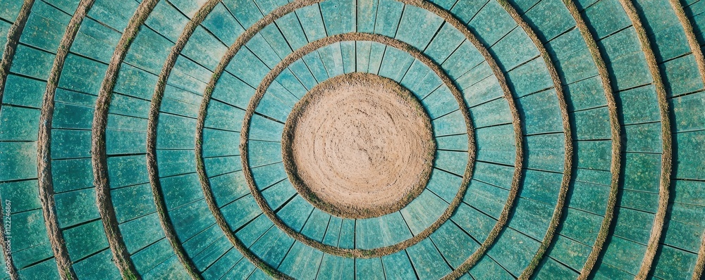 Poster a visually striking aerial view of concentric circular patterns in vibrant turquoise, creating a sen