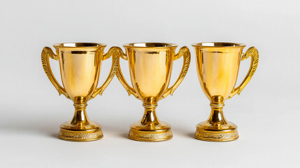 Three Golden Trophy Cups on White Background