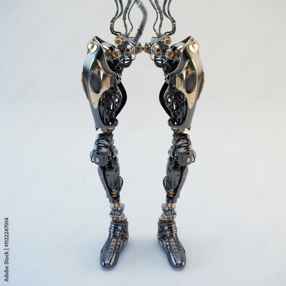 Poster futuristic metallic robotic legs with intricate mechanical details in a symmetrical design, showcasi