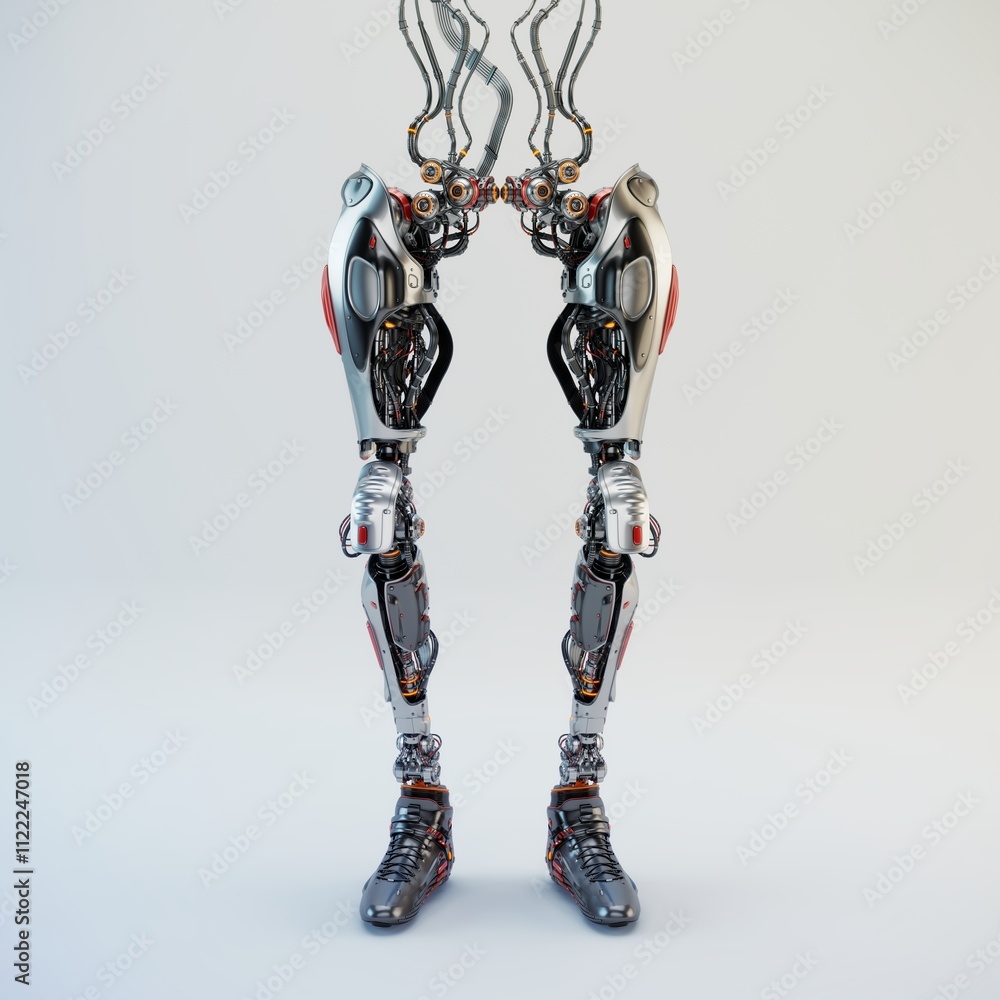 Poster futuristic robotic legs with intricate mechanical components and wires, showcasing advanced technolo