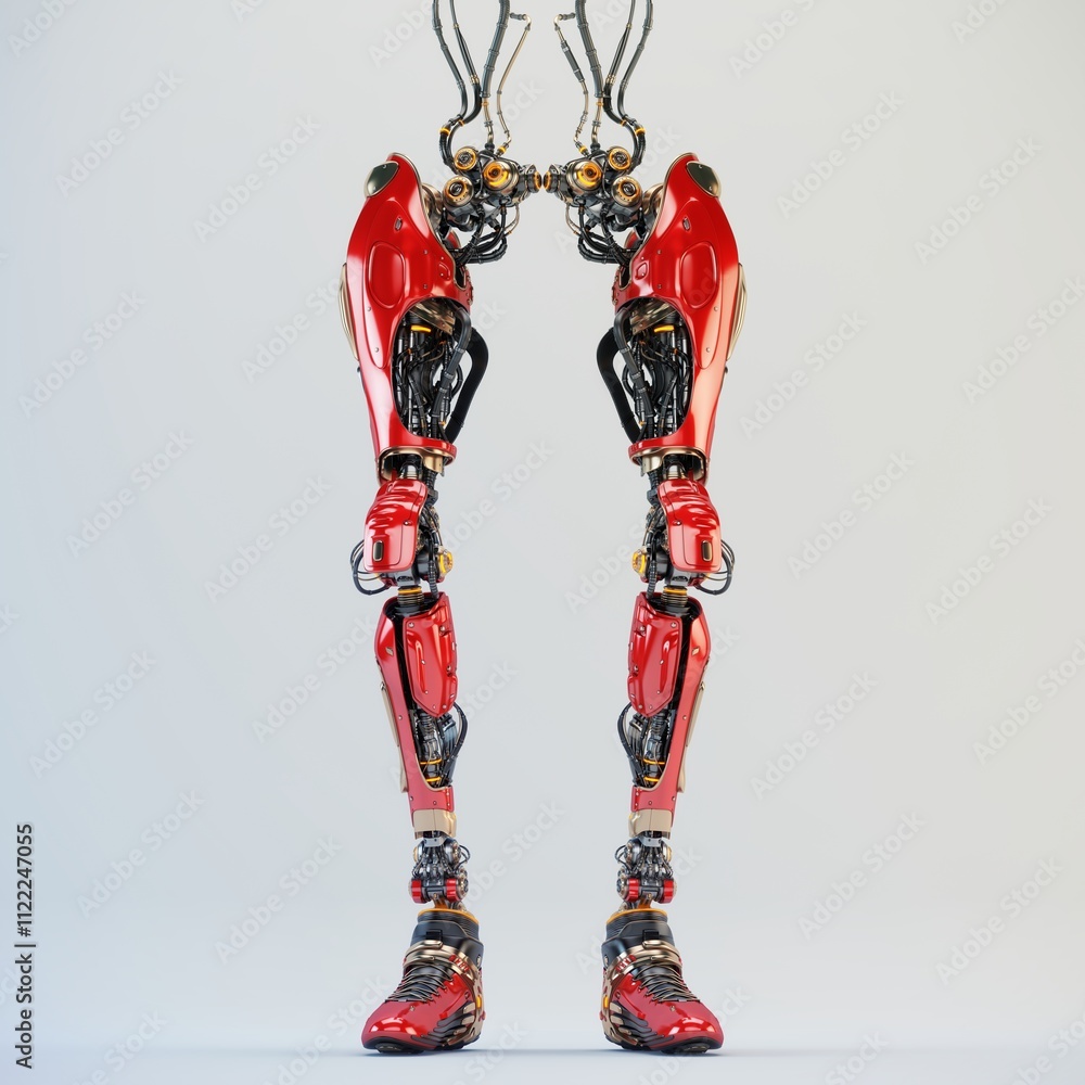 Poster futuristic red robotic legs with intricate mechanical design and advanced technology displayed on a 