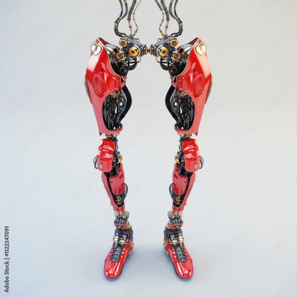 Poster futuristic robotic legs with intricate mechanical details and vibrant red armor, showcasing advanced