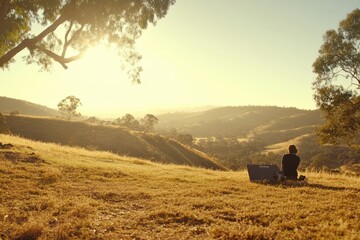 Relaxing Film Shoot Outdoors on Grass During Golden Hour with Scenic Nature Background Illuminated by Soft Sunlight