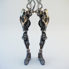 Futuristic metallic robotic legs with intricate mechanical details in a symmetrical design, showcasing advanced technology and engineering on a plain background