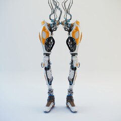 Futuristic robotic legs with detailed mechanical joints and vibrant orange accents on a clean white background showcasing advanced technology
