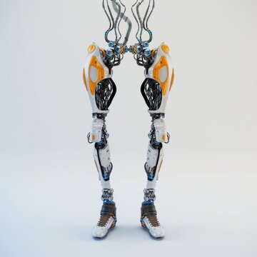 Futuristic robotic legs with detailed mechanical joints and vibrant orange accents on a clean white background showcasing advanced technology