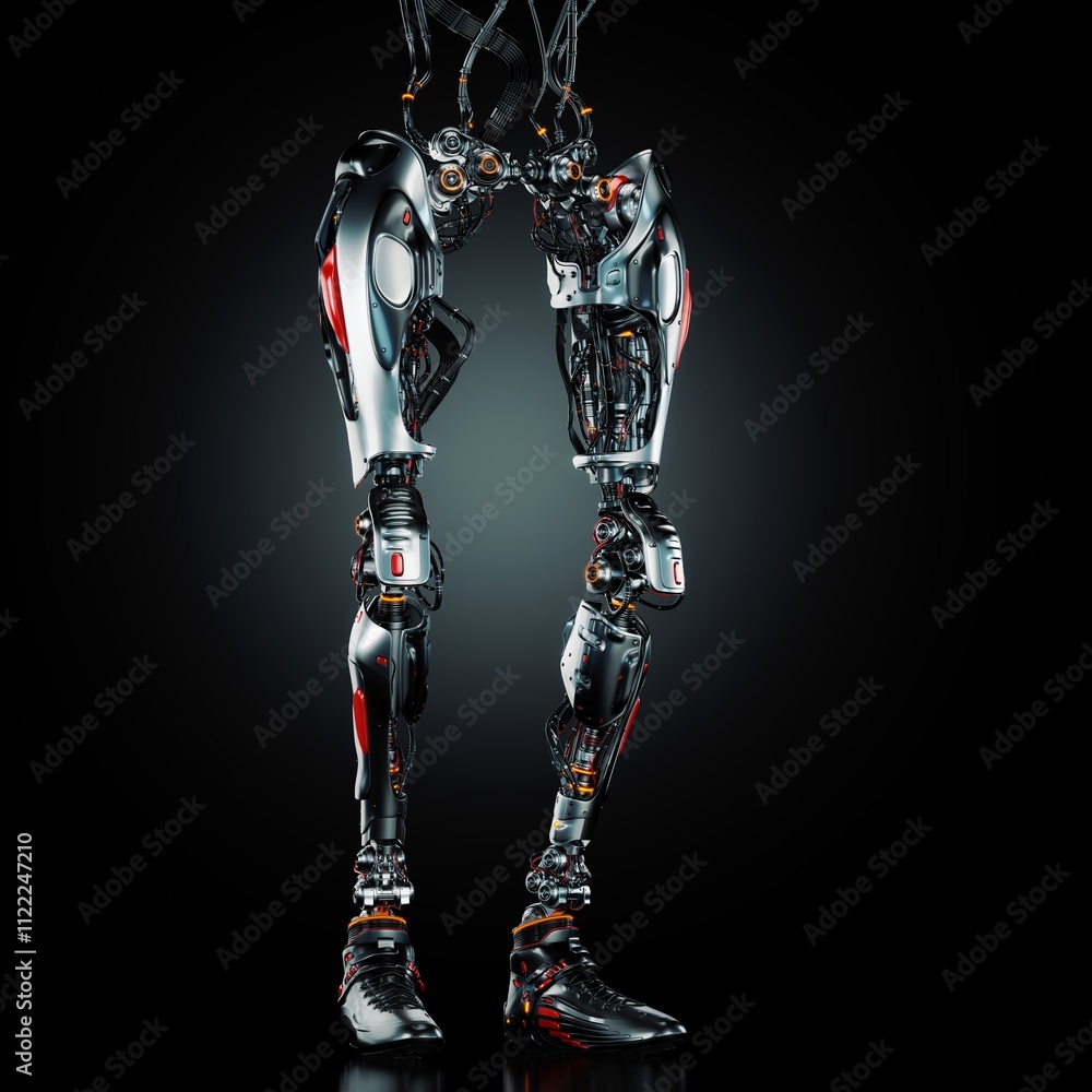 Poster futuristic robotic legs with intricate mechanical design and red accents on a dark background showca