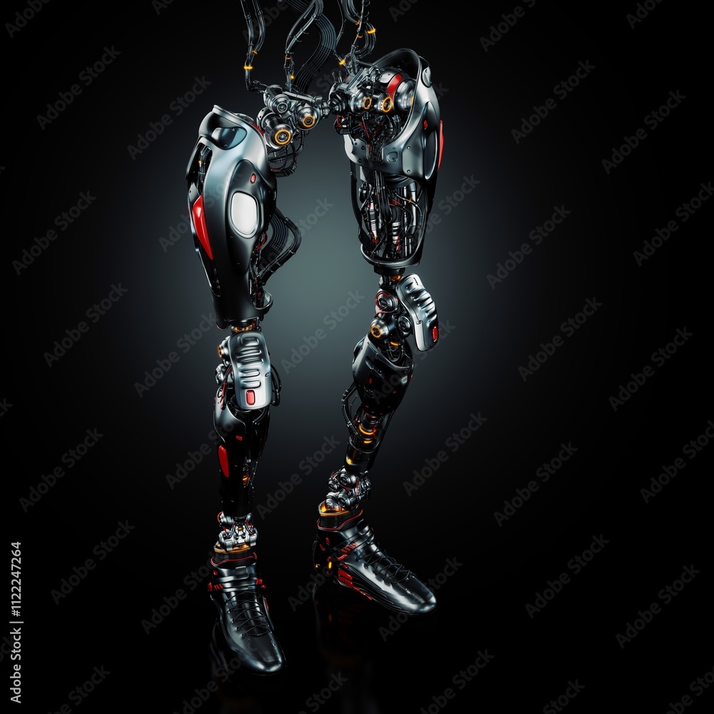 Poster futuristic robotic legs with intricate mechanical design and glowing elements in a dark studio setti