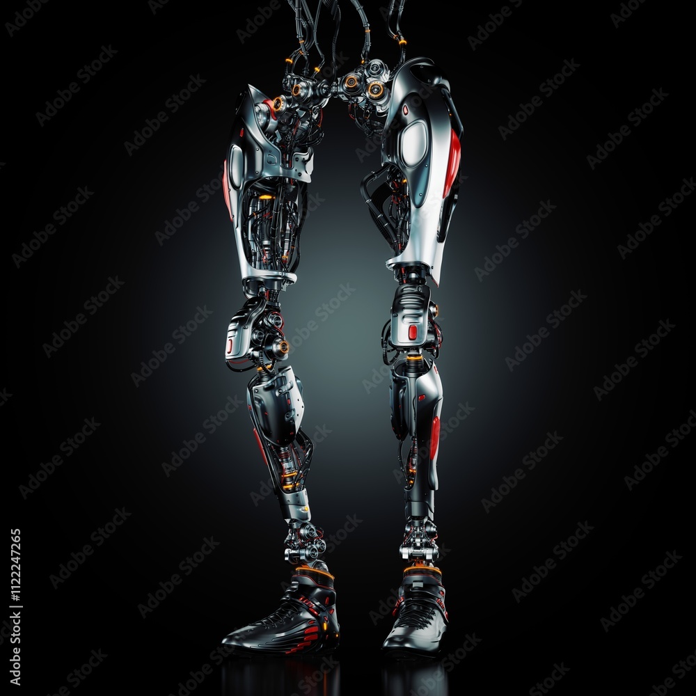 Poster futuristic robotic legs featuring intricate mechanical details and sleek metal design, symbolizing a