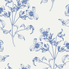 Fototapeta premium Toile art Floral vector vintage seamless pattern flowers of Clematis blue on a beige. Hand drawn background for design packaging, textile, wrapping paper, wallpaper, Fashion apparel. Monochrome