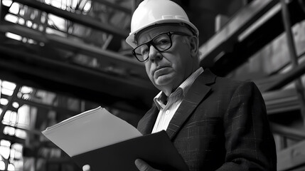 senior businessman architect helmet construction site building architecture tablet computer protective workwear blueprint plan