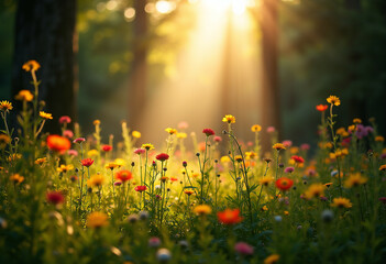 Fototapeta premium Sunlit meadow with colorful wildflowers bathed in golden sunlight serene and peaceful.
