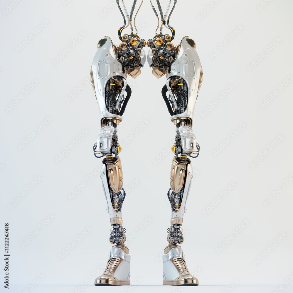 Poster futuristic robotic legs with intricate mechanical components and metallic finish on a white backgrou