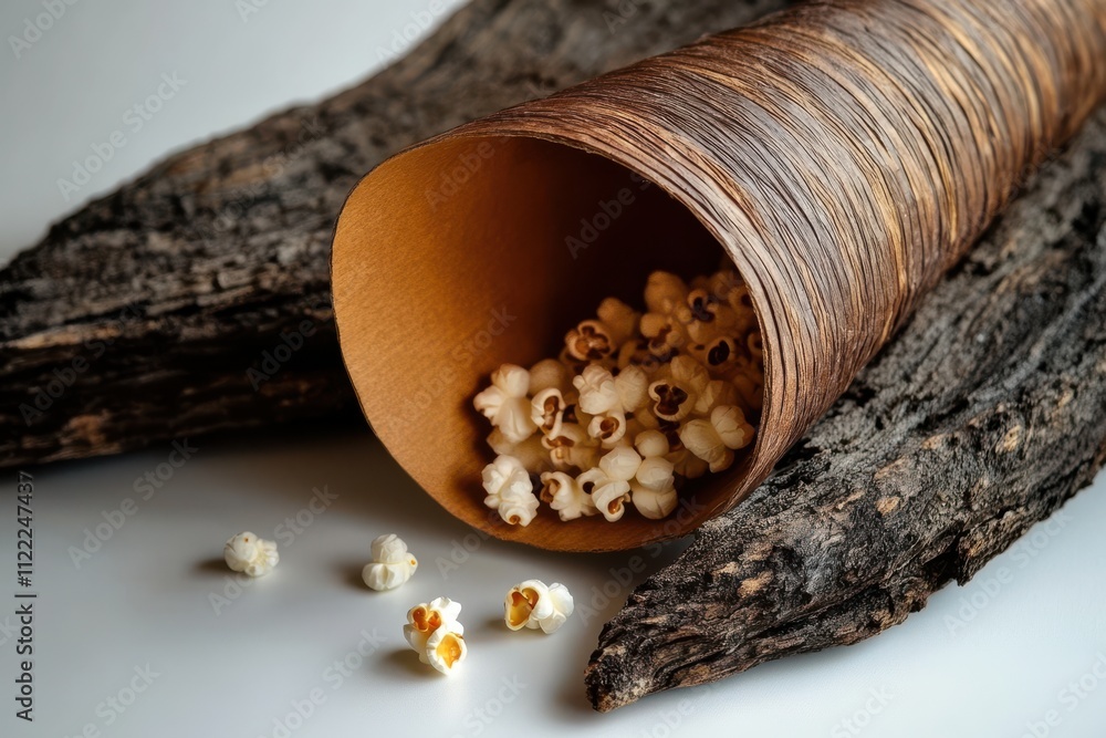 Poster rustic paper cone filled with popcorn kernels surrounded by soft lighting and natural elements on a 