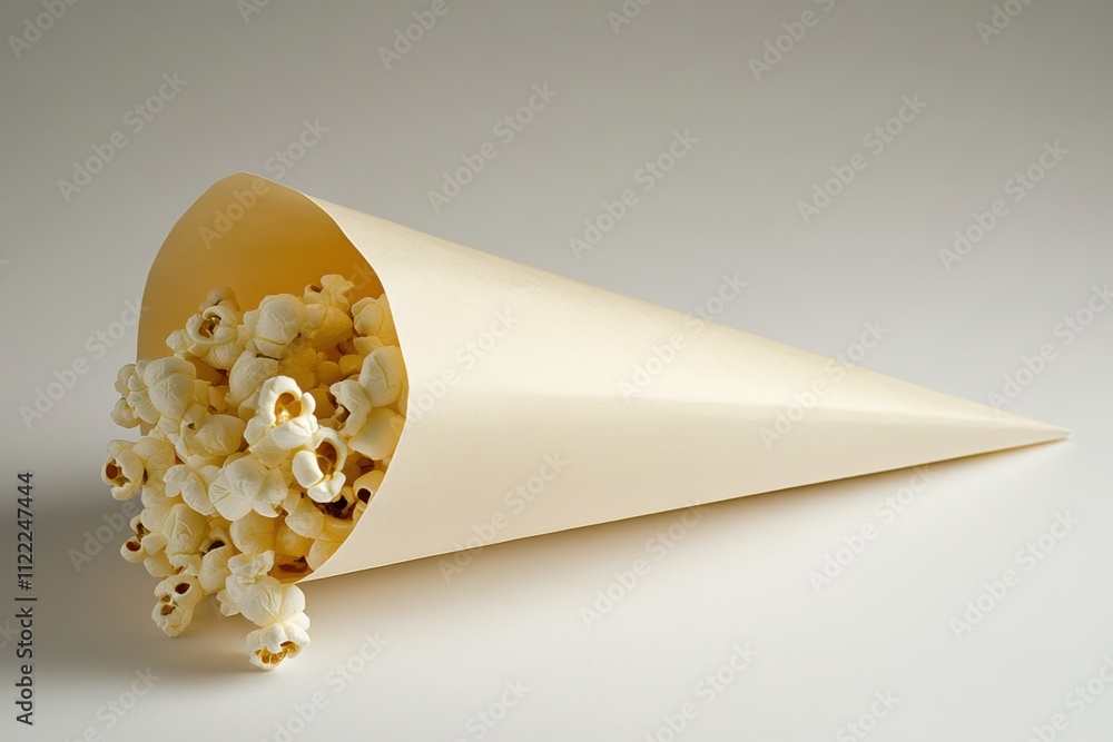 Poster Rustic Presentation of Popcorn Kernels in a Cone with Soft Overhead Lighting on a Neutral White Surface for Culinary or Event Themes