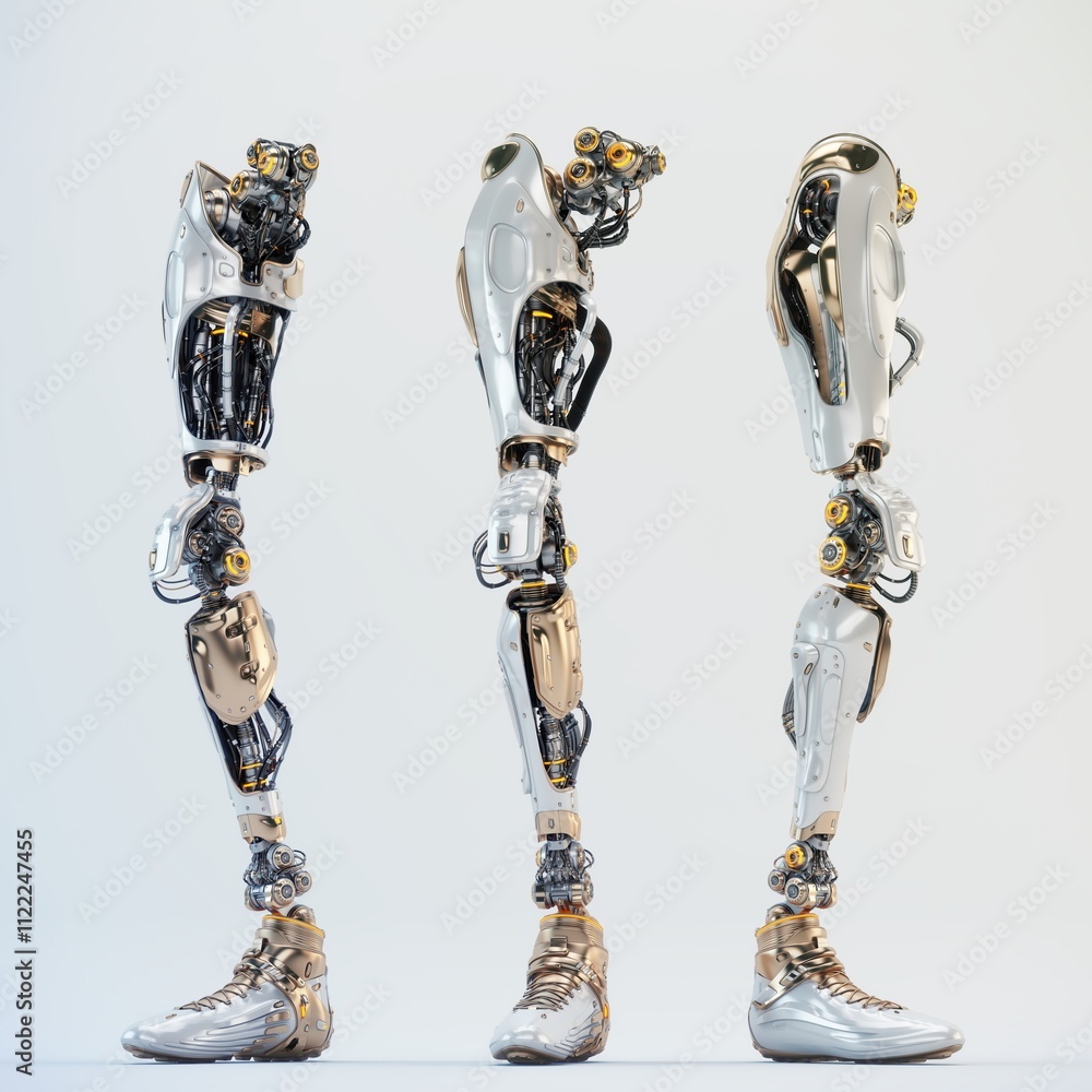 Poster futuristic robotic legs with intricate mechanics and realistic sneakers showcasing advanced technolo