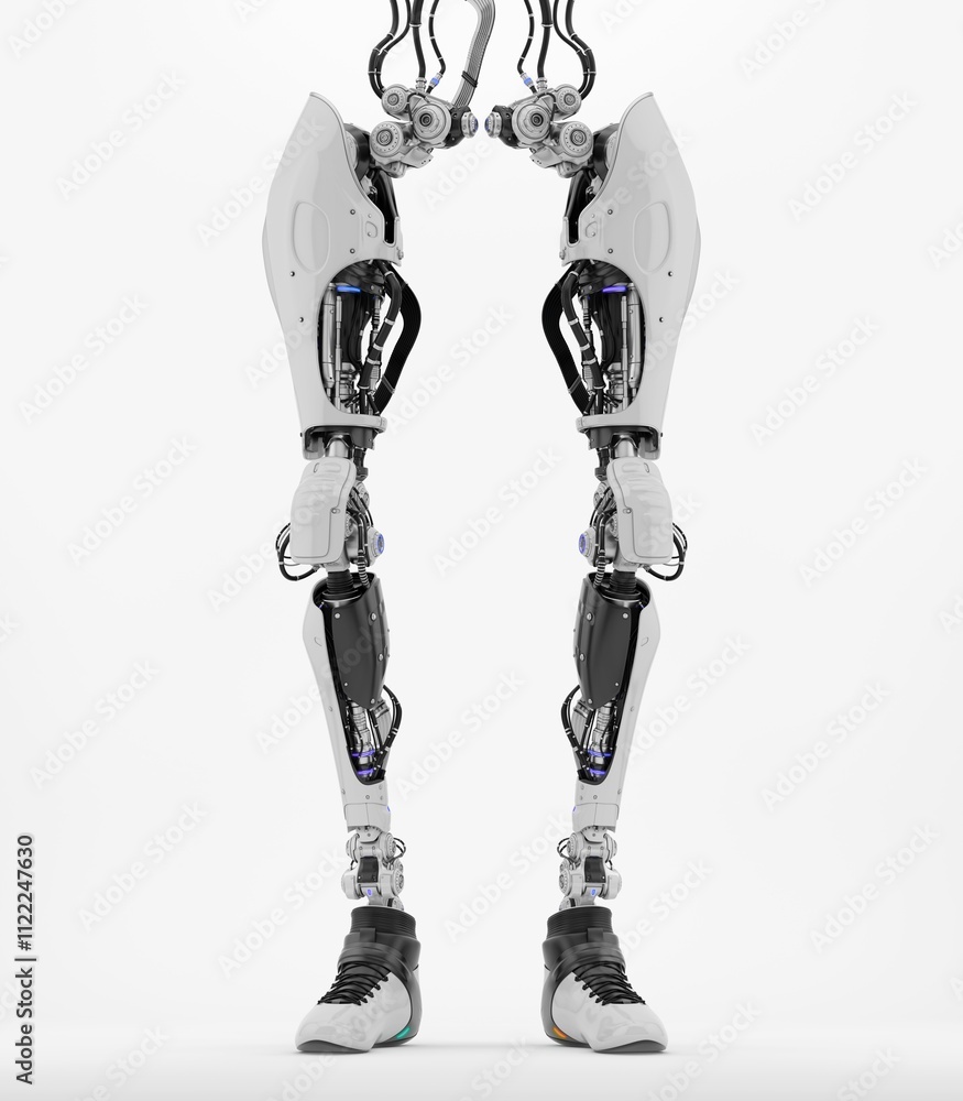 Poster futuristic robotic legs with complex mechanical structure and detailed artificial design, featuring 