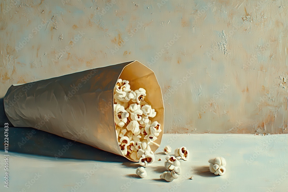 Poster rustic presentation of soft popcorn kernels peeking out from a vintage cone on a neutral background 