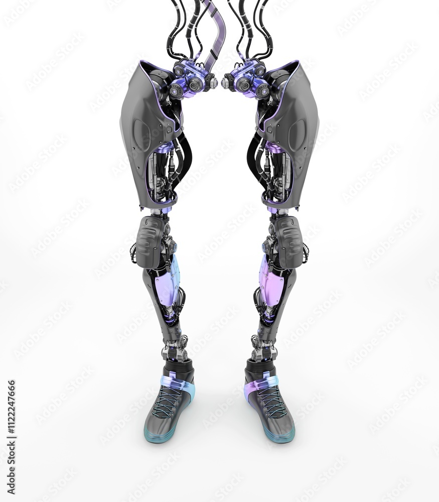 Poster futuristic robotic legs with complex mechanical structure and advanced technology isolated on white 