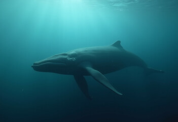 Fototapeta premium A majestic whale gracefully glides through the deep ocean bathed in sunlight.