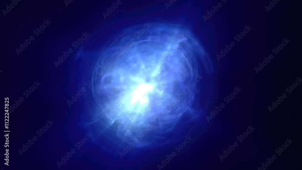 Poster a luminous blue energy sphere core floating in a dark void, evoking a sense of technology and futuri