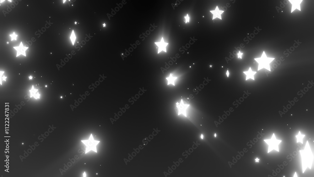 Poster white glowing stars on a black background, creating a high-contrast, celestial pattern with twinklin