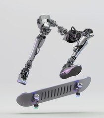 Futuristic robotic legs performing a dynamic skateboard trick showcasing advanced technology and movement against a clean minimalistic background