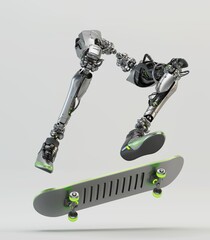 Futuristic robotic legs performing skateboard trick in mid-air showcasing advanced technology and artificial intelligence in a modern setting
