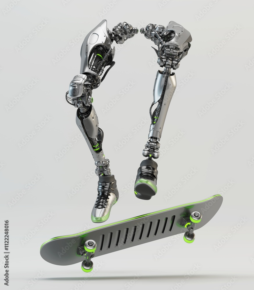 Poster futuristic robotic legs performing dynamic skateboard trick with sleek metal design and advanced tec