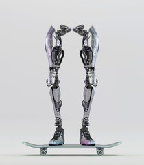 Futuristic robotic legs standing on a skateboard exhibiting advanced technology and engineering...