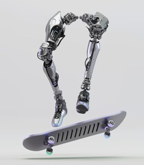 Futuristic robotic legs performing an impressive skateboard trick, showcasing advanced technology and innovation in modern robotics and extreme sports