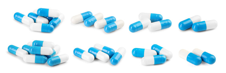 Antibiotic pills isolated on white, set. Medication